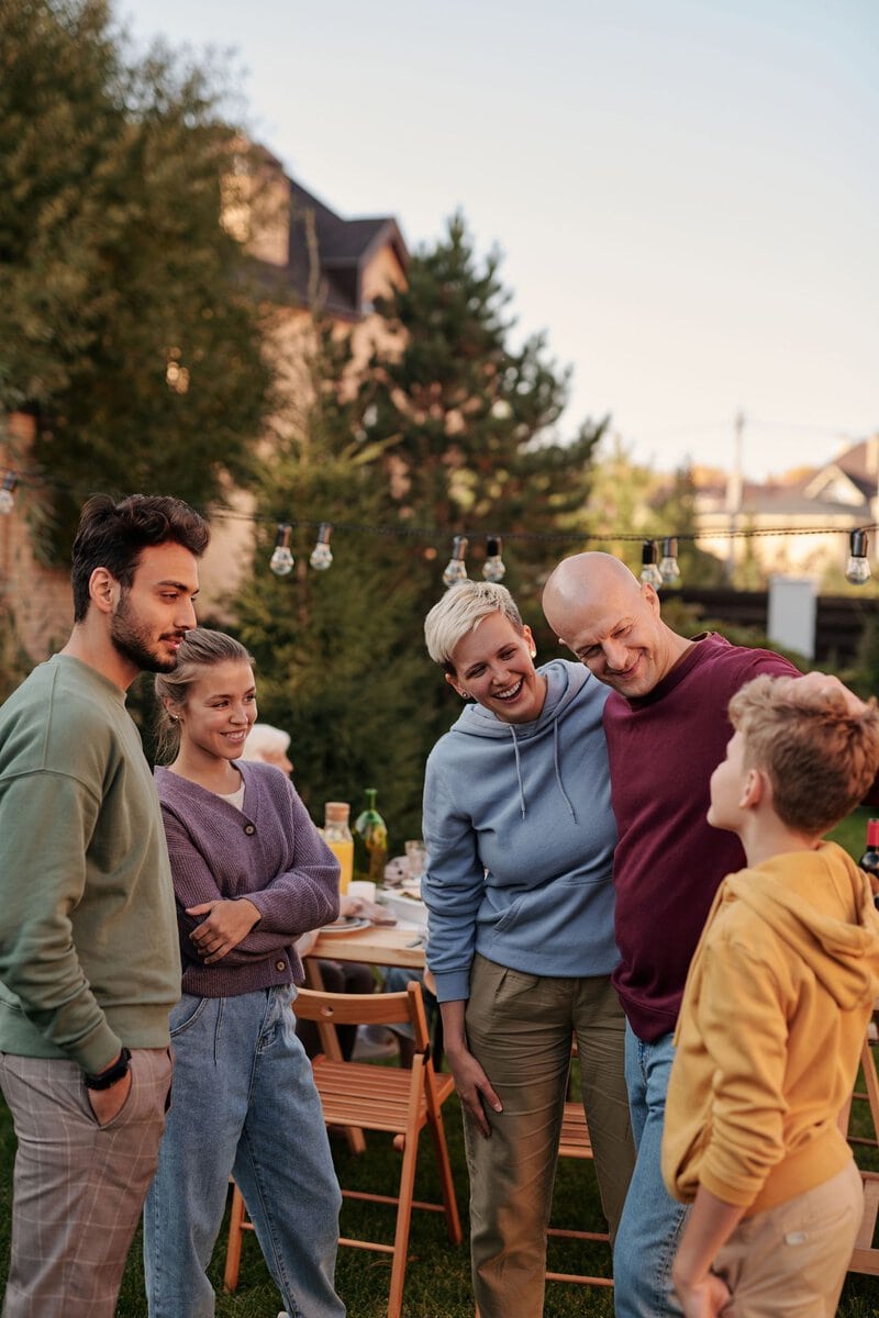 Family members talking together in a garden