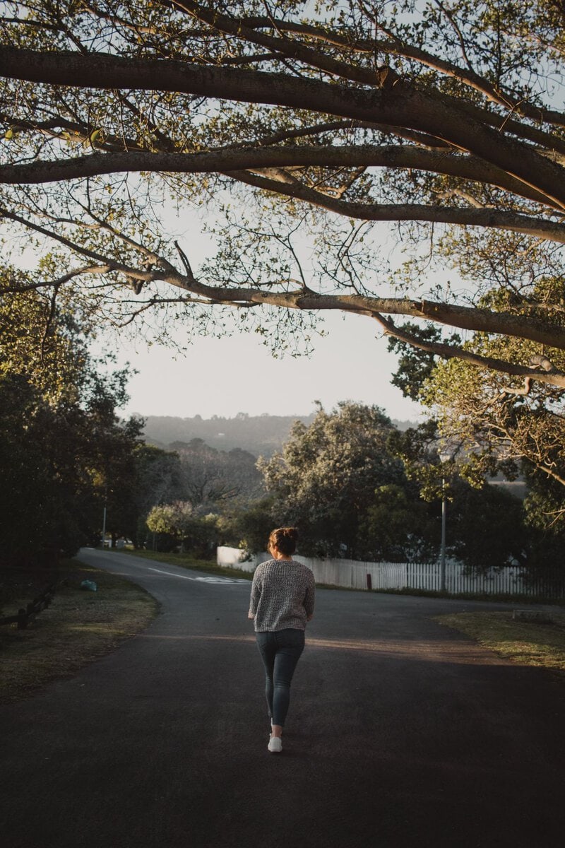 A walker on a quiet tree-lined road
