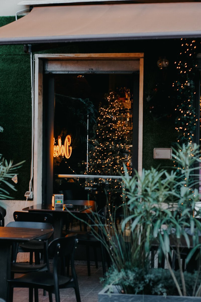 Cafe window decorated for the holidays